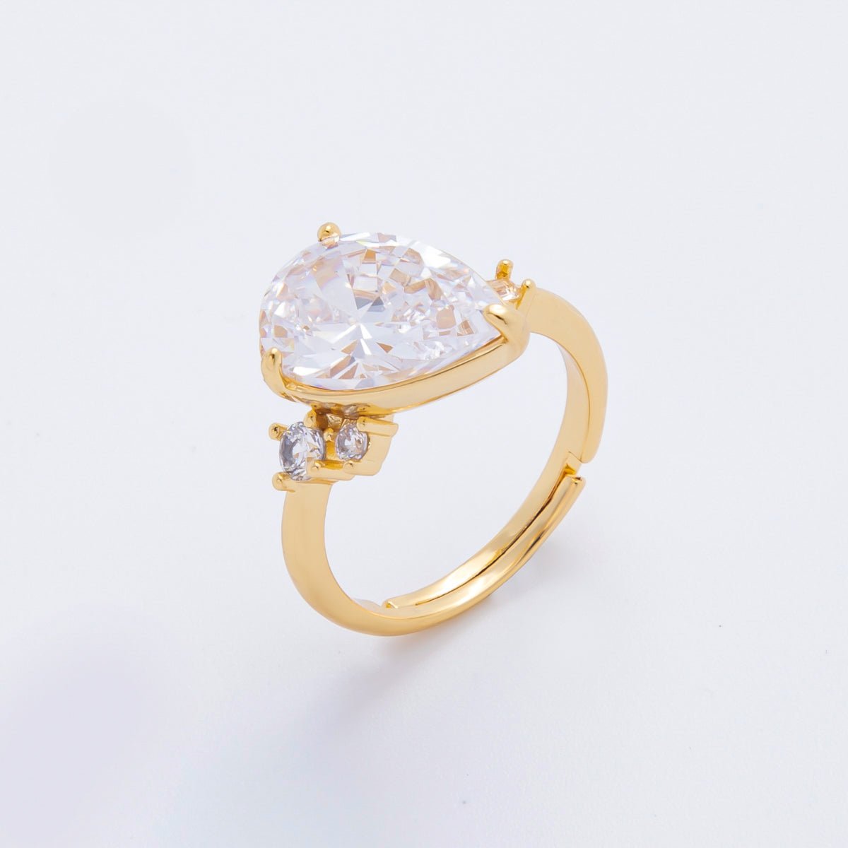 18K Gold Filled Pink Teardrop & Micro Paved CZ Diagonally Crown Adjustable Ring | O - A2187 - DLUXCA
