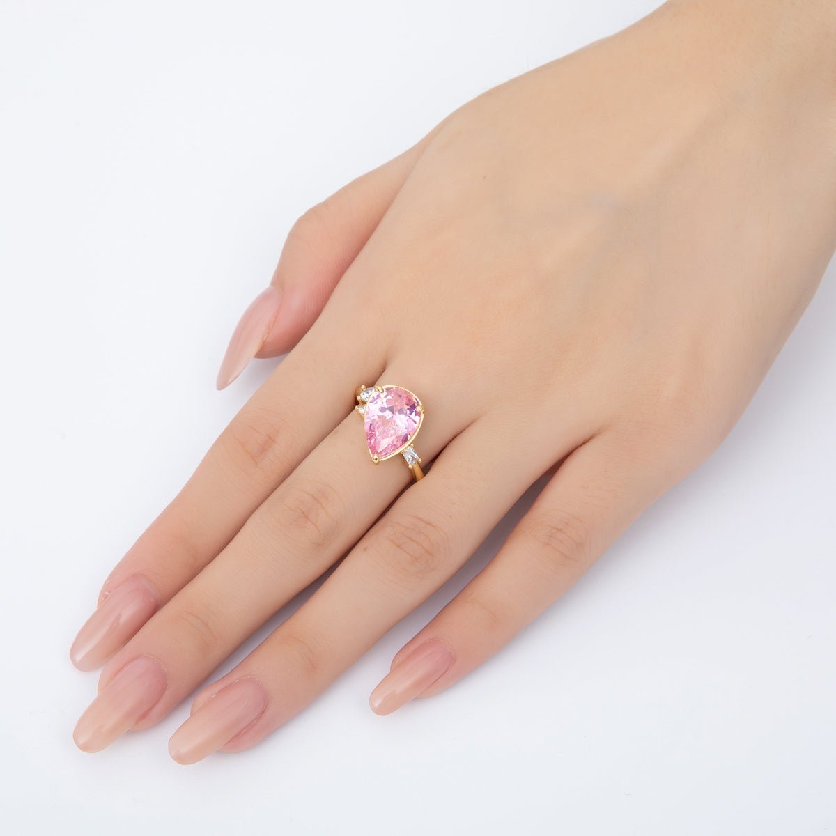18K Gold Filled Pink Teardrop & Micro Paved CZ Diagonally Crown Adjustable Ring | O - A2187 - DLUXCA