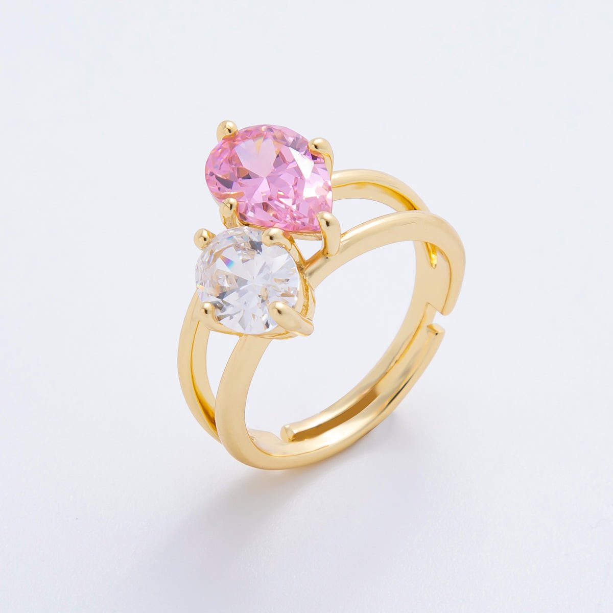 18K Gold Filled Pink Teardrop & Round CZ Double Solitaire Adjustable Ring | O - A2241 - DLUXCA
