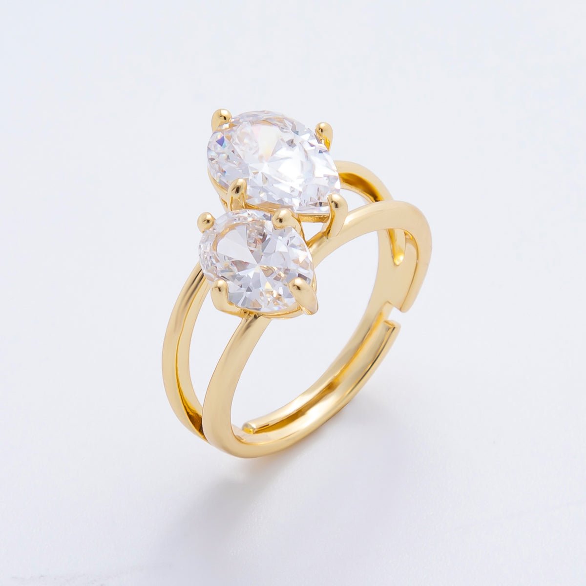 18K Gold Filled Pink Teardrop & Round CZ Double Solitaire Adjustable Ring | O - A2241 - DLUXCA
