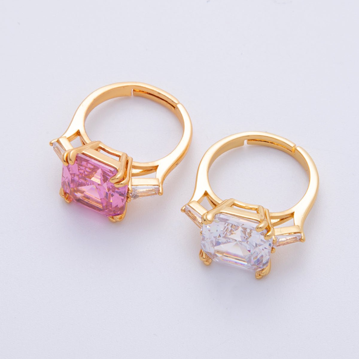 18K Gold Filled Pink, White CZ Square Emerald Cut Geometric Adjustable Ring | O811 - DLUXCA