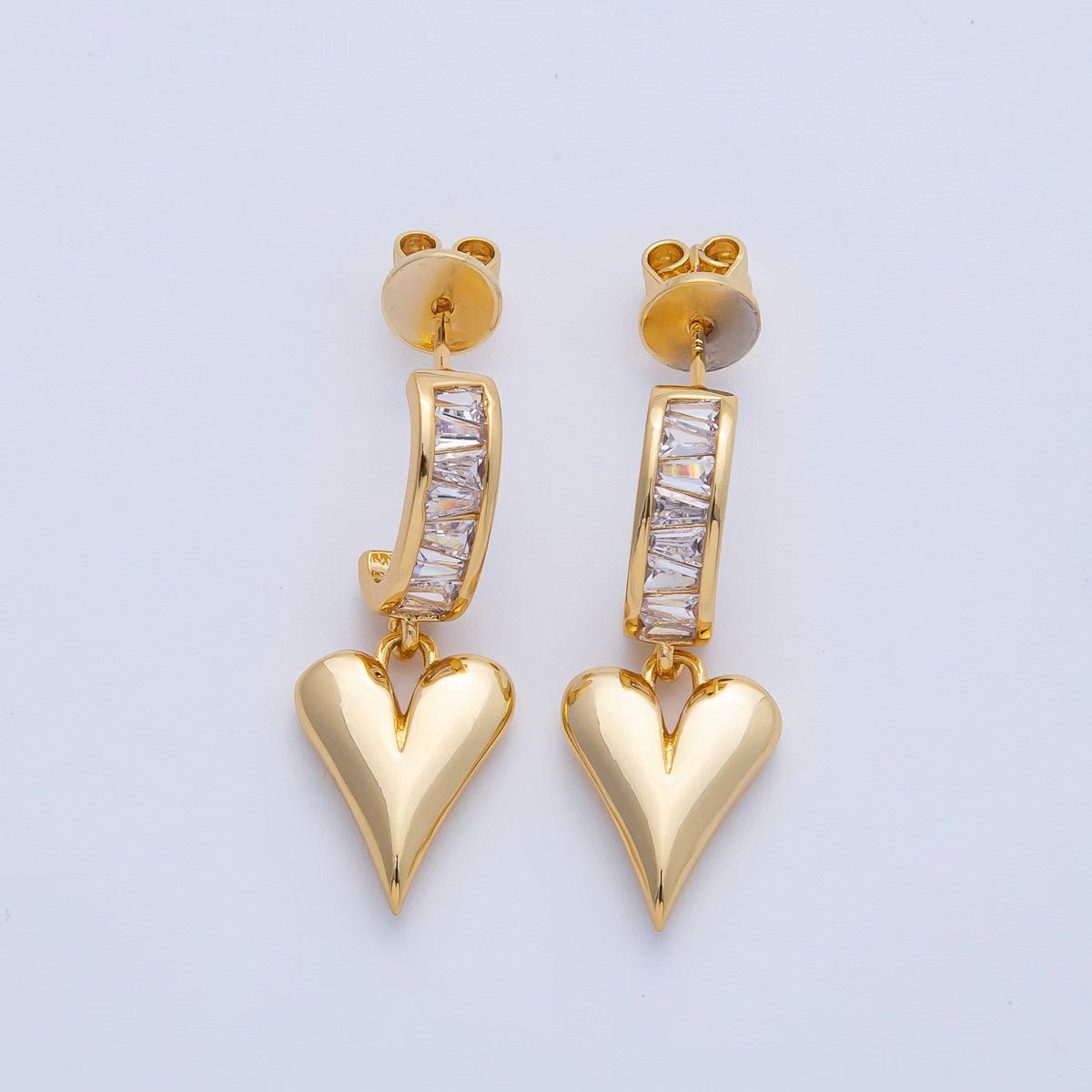 18K Gold Filled Puffy Heart Baguette CZ Drop C - Shaped Hoop Earrings | Q195 - DLUXCA
