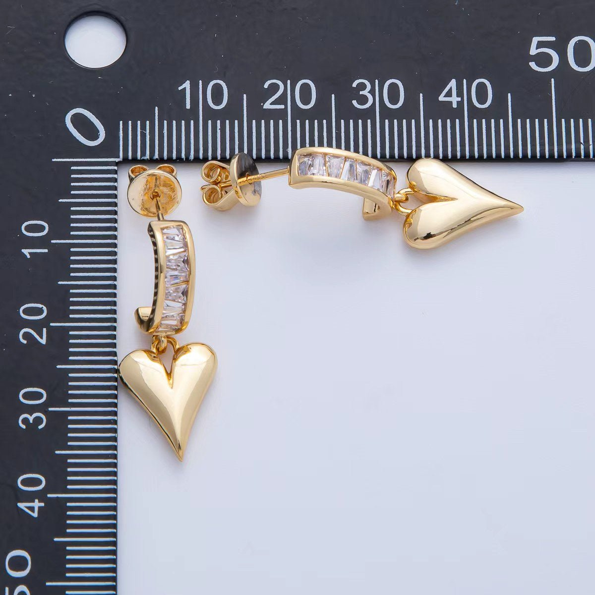 18K Gold Filled Puffy Heart Baguette CZ Drop C - Shaped Hoop Earrings | Q195 - DLUXCA