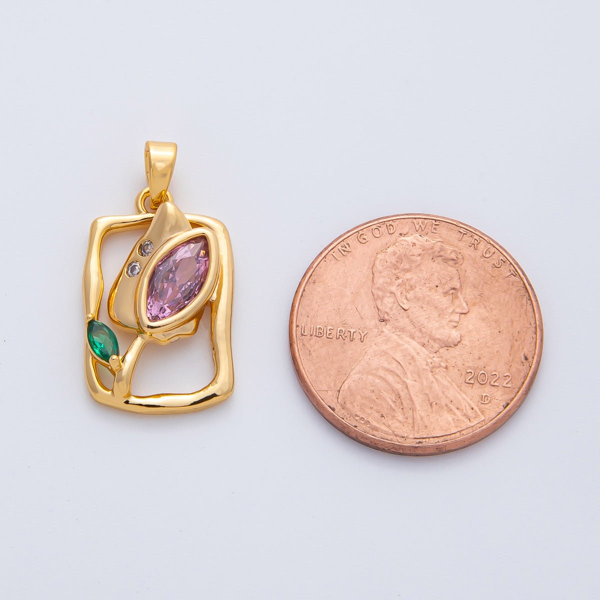 18K Gold Filled Purple CZ Tulip Flower Molten Rectangular Pendant | AF1186 - DLUXCA