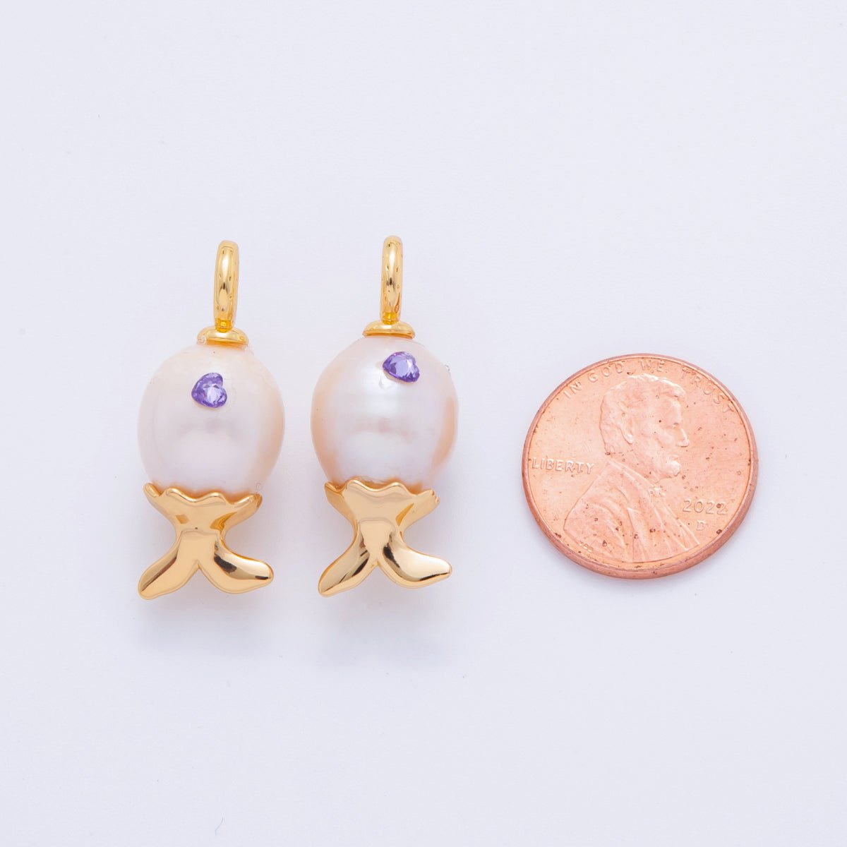 18K Gold Filled Purple CZ White Shell Pearl Fish Drop Pendant | AJ308 - DLUXCA