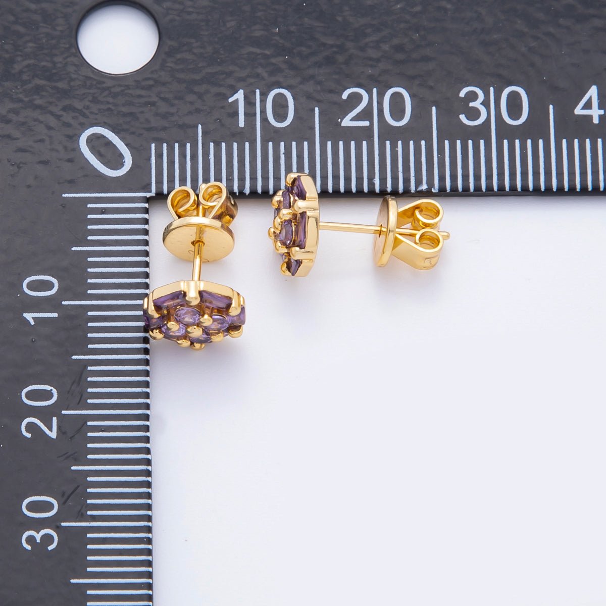18K Gold Filled Purple & Pink CZ in Micro Paved & Baguette Cut Icy Petal Flower Studs Earrings | AJ204 AJ206 - DLUXCA