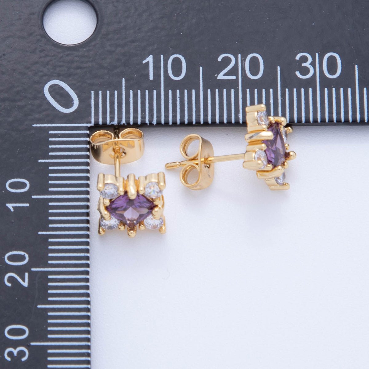 18K Gold Filled Purple & Pink CZ Square - Cut Center Stud Earrings | AI412 AI413 - DLUXCA