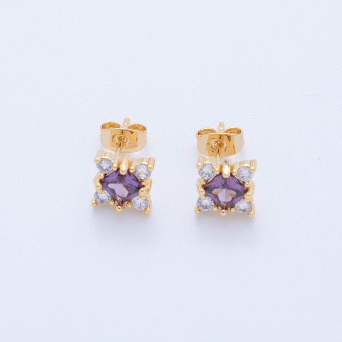18K Gold Filled Purple & Pink CZ Square - Cut Center Stud Earrings | AI412 AI413 - DLUXCA