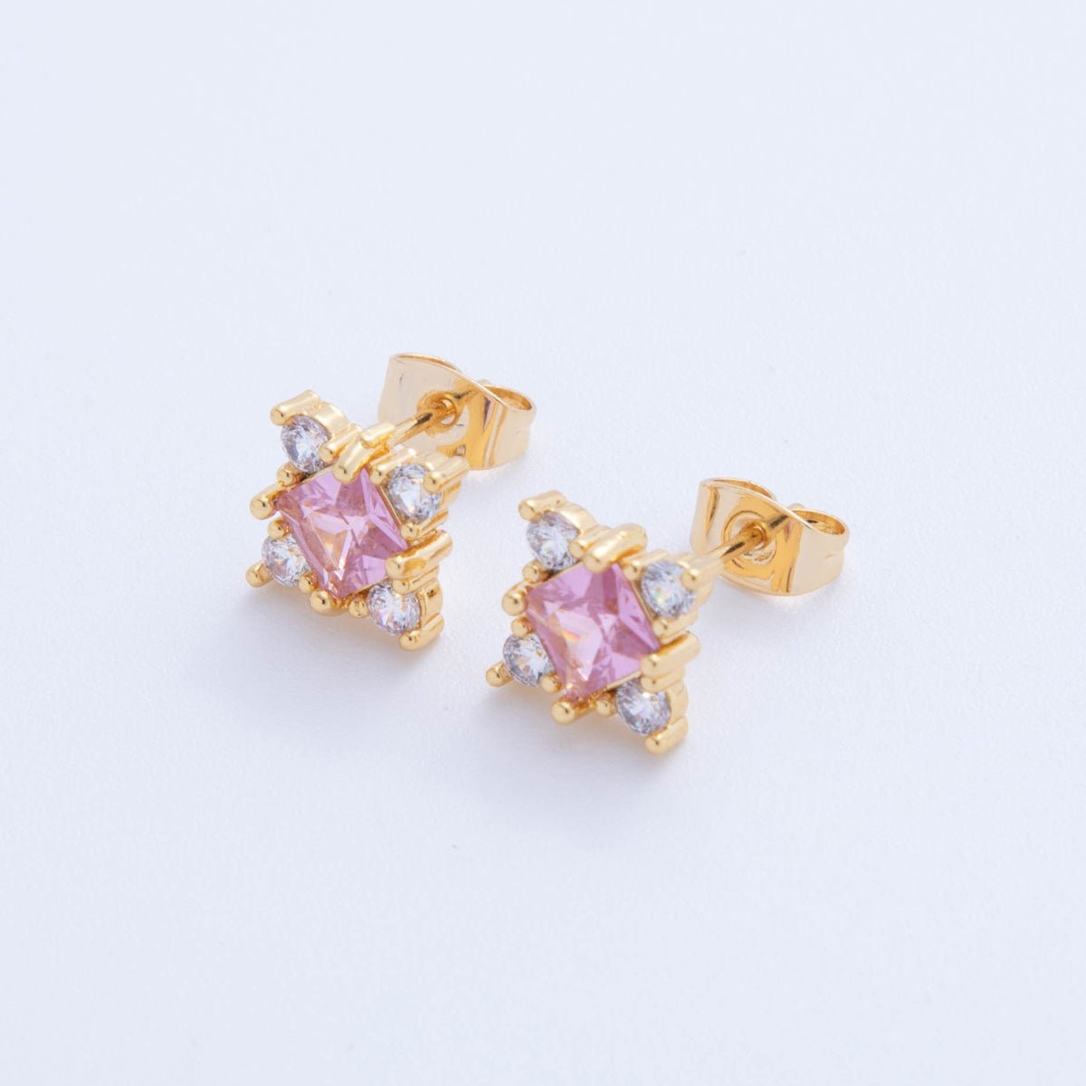 18K Gold Filled Purple & Pink CZ Square - Cut Center Stud Earrings | AI412 AI413 - DLUXCA