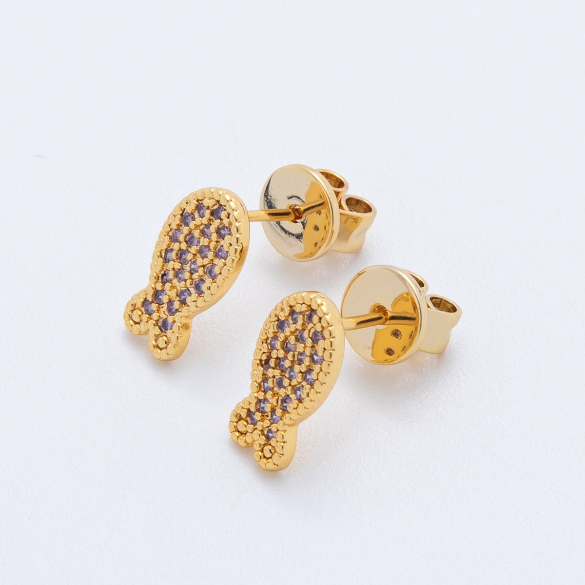 18K Gold Filled Purple, White, Green, Pink, Red Micro Paved CZ Fish Studs Earrings | AJ173 - AJ177 - DLUXCA
