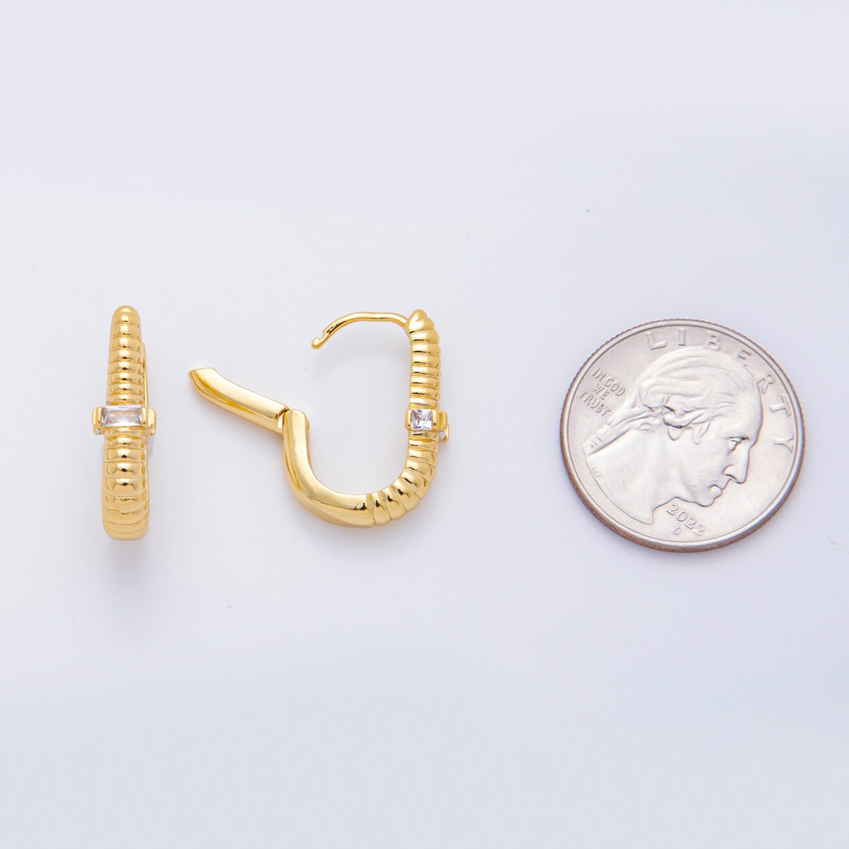 18K Gold Filled Rectangular CZ Ribbed Row Hinged Hoops Earrings | AJ219 - DLUXCA