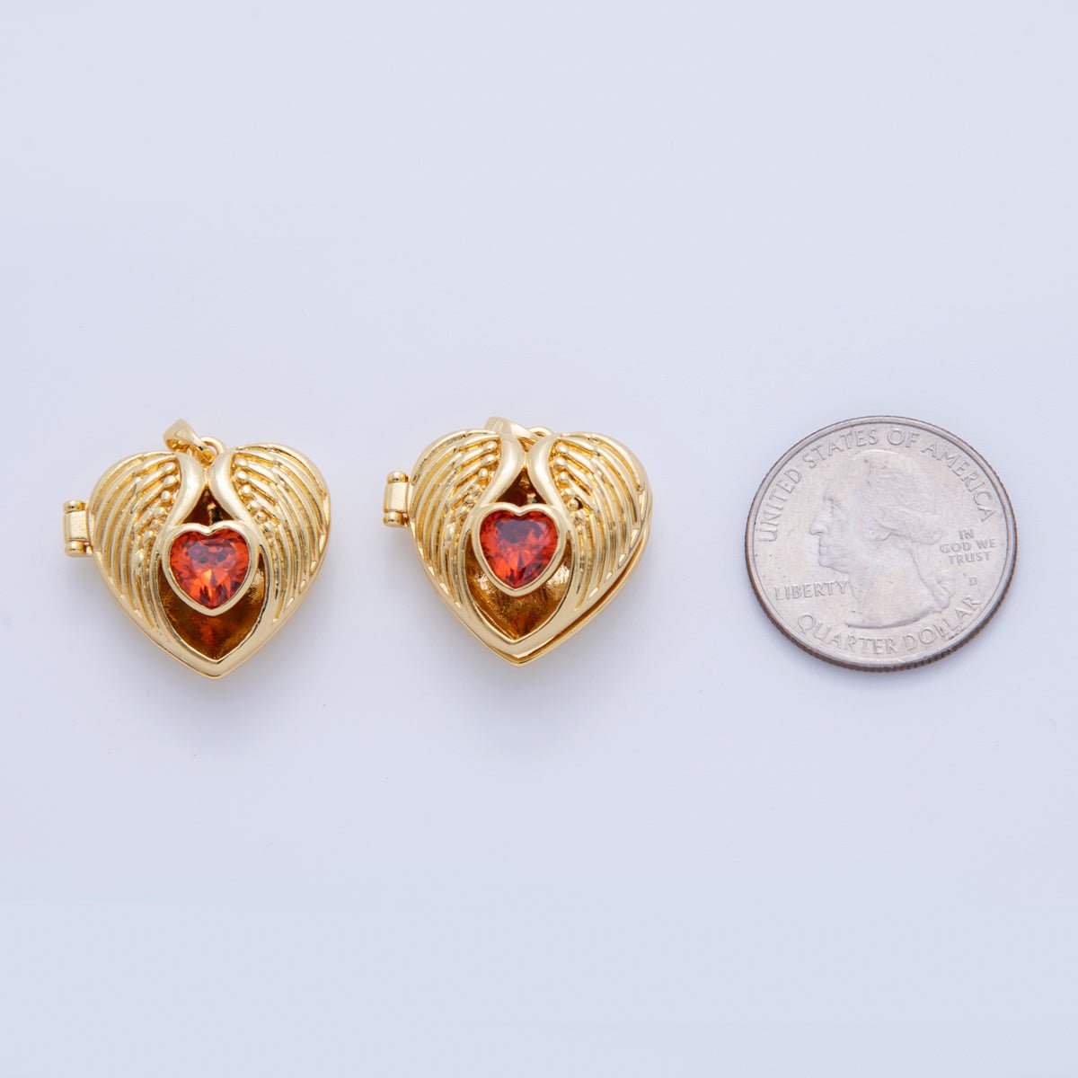 18K Gold Filled Red CZ Angel Wings Round Locket Pendant | AH749 - DLUXCA