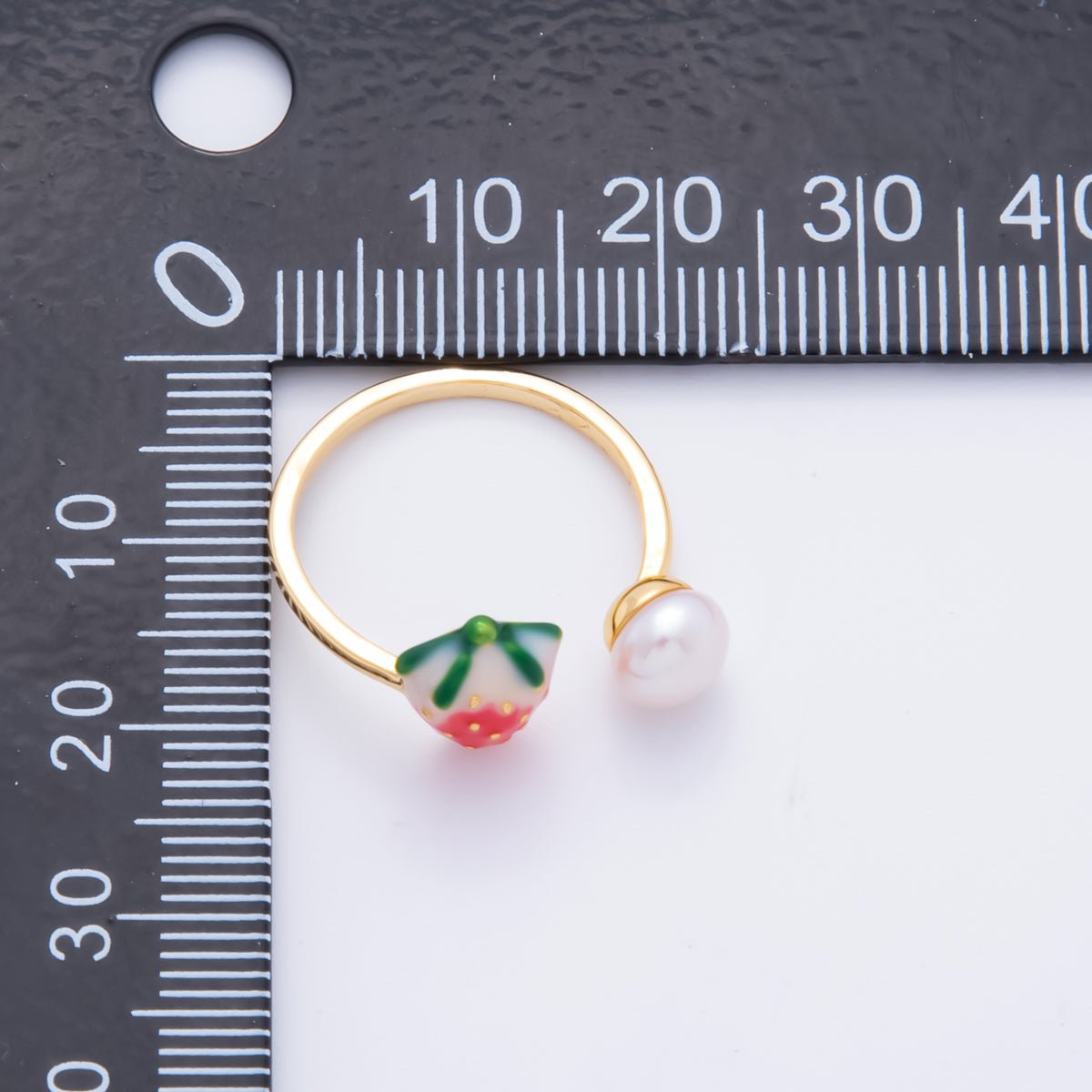 18K Gold Filled Red Enamel Strawberry Fruit with Shell Pearl Adjustable Ring | O - 040 - DLUXCA