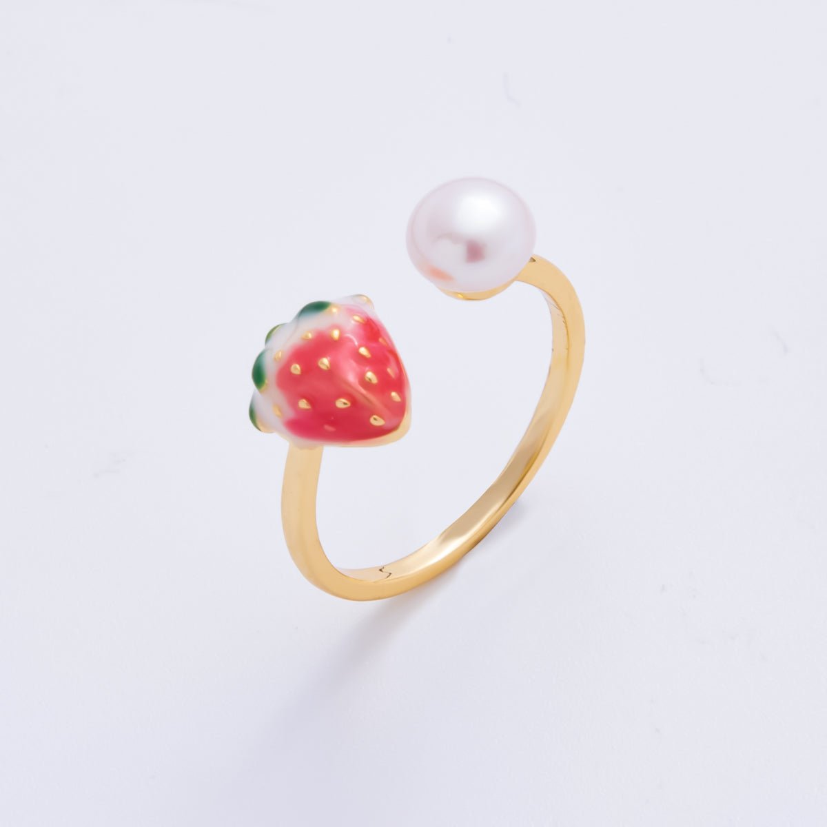 18K Gold Filled Red Enamel Strawberry Fruit with Shell Pearl Adjustable Ring | O - 040 - DLUXCA