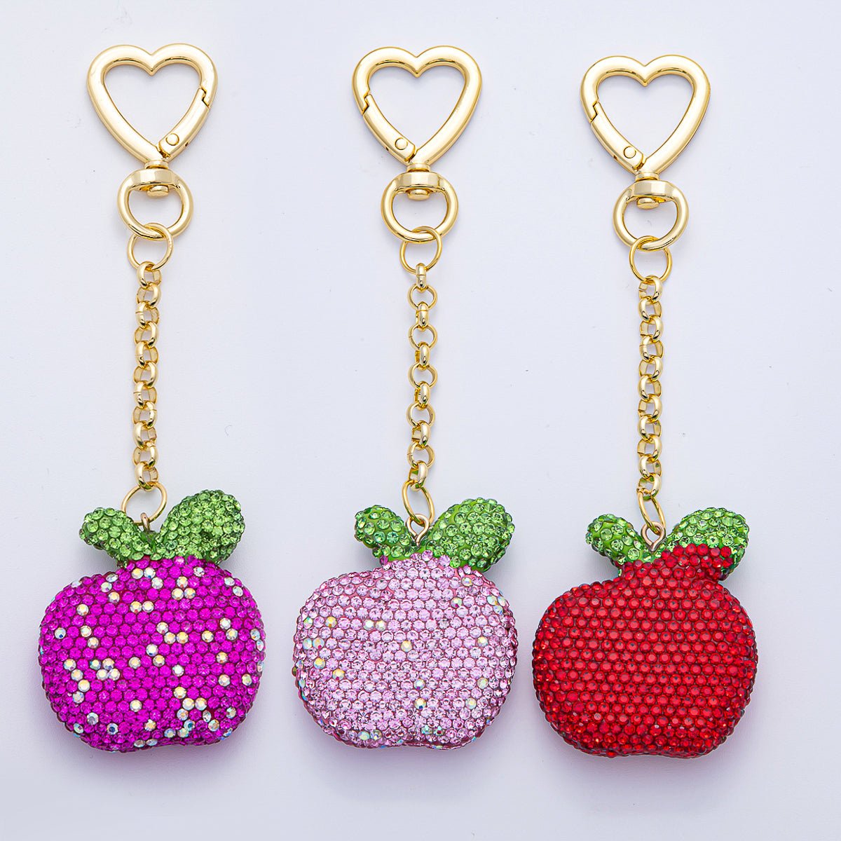 18K Gold Filled Red, Pink, Fuchsia Bedazzled Apple Bag Charm Keychain | WB - 00245 ~ WB - 00247 - DLUXCA