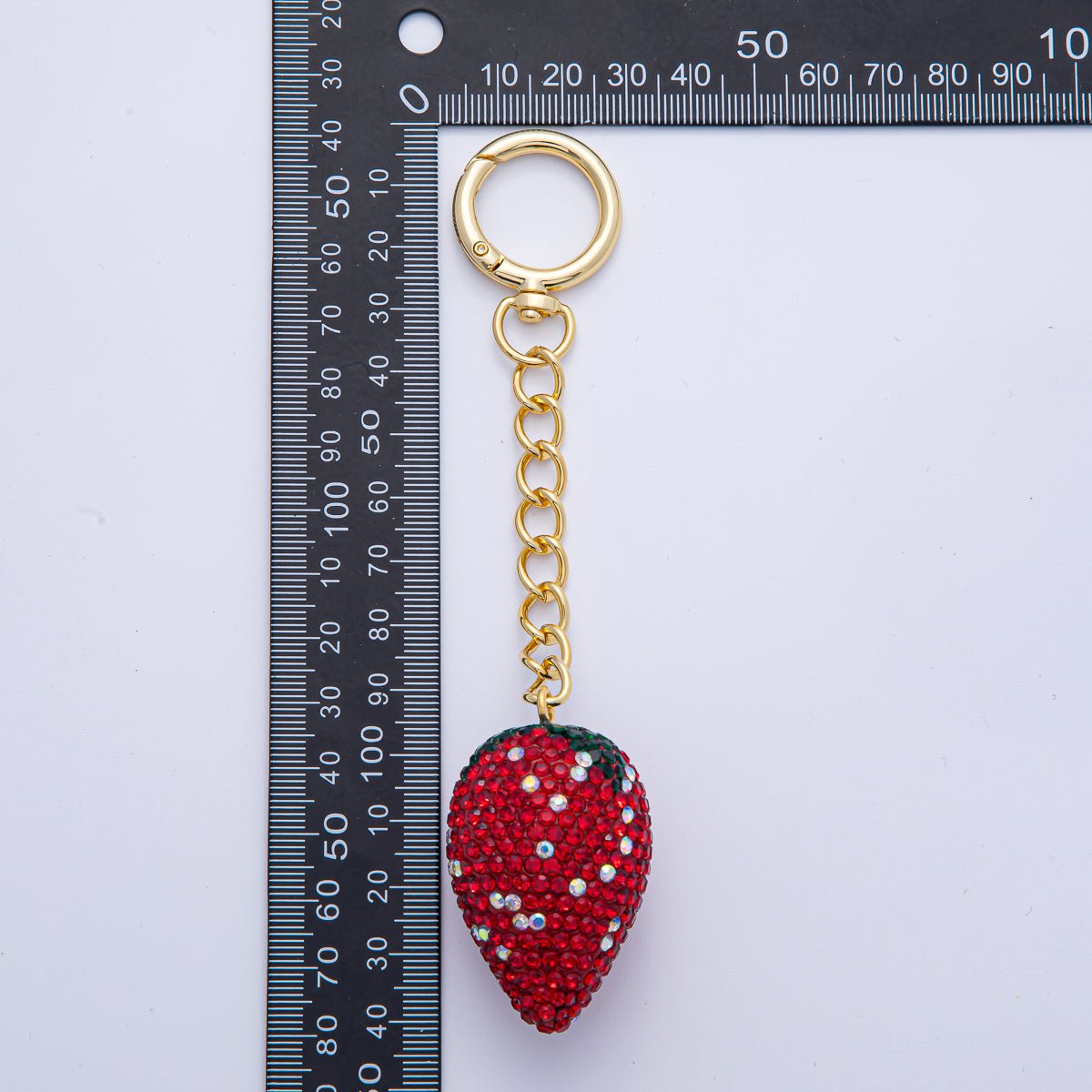 18K Gold Filled Red Strawberry Bedazzled Bag Charm Keychain Push Gate Key Ring | WB - 00254 - DLUXCA