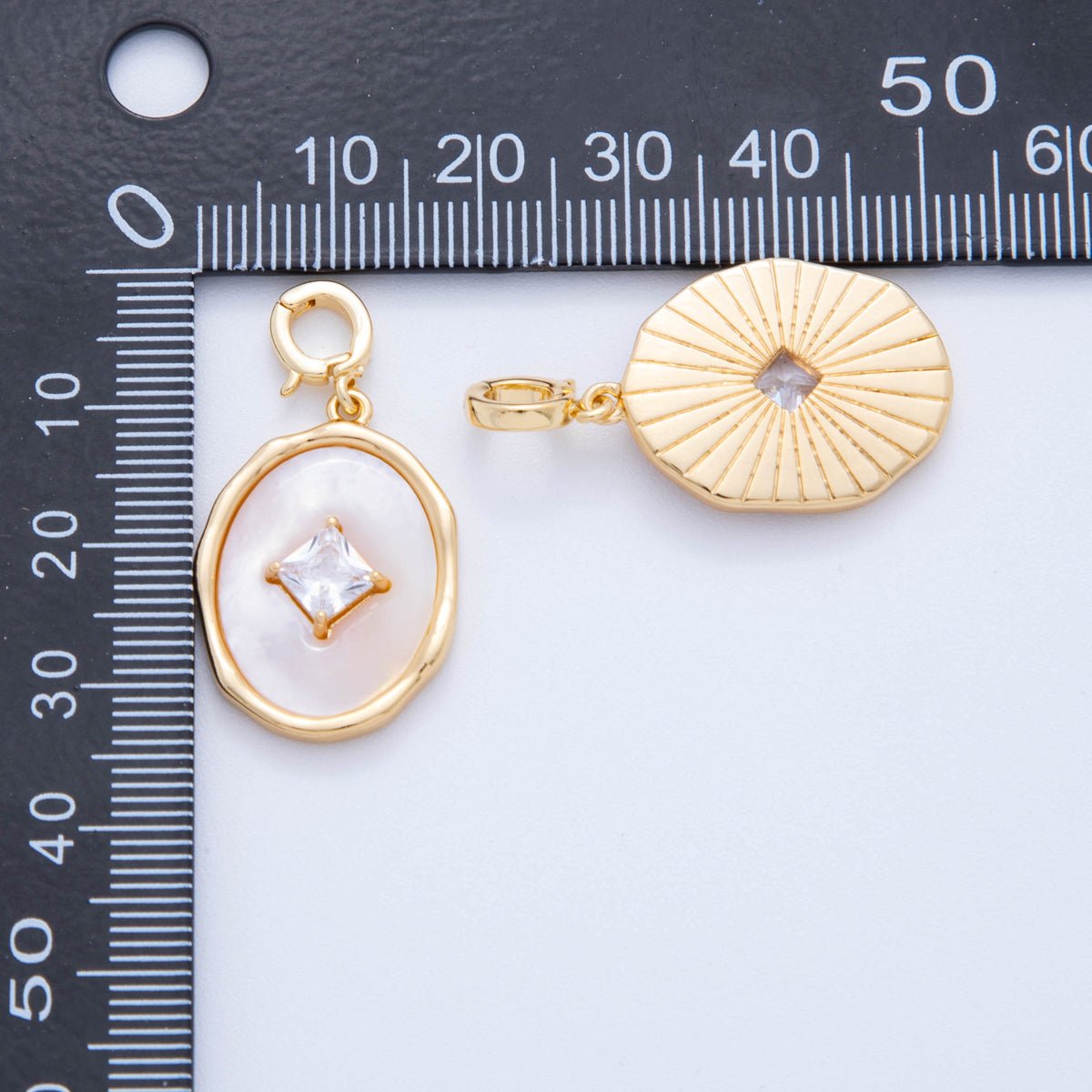 18K Gold Filled Rhombus CZ White Enamel Molten Oval Latch Snap Bail Pendant | AH758 - DLUXCA
