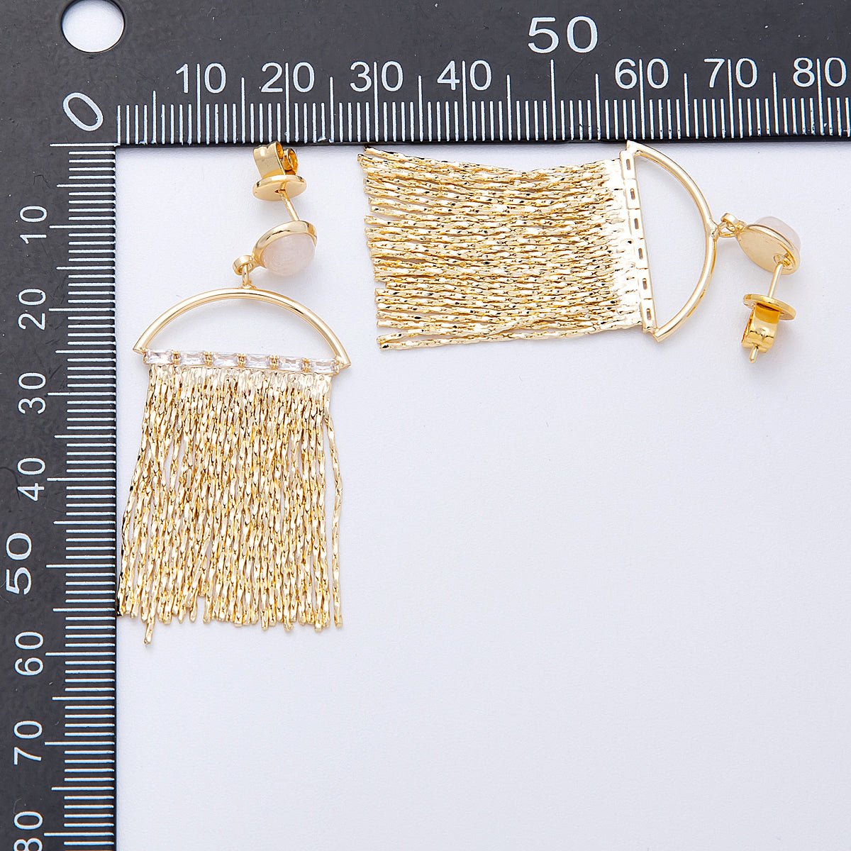 18K Gold Filled Rose Quartz Baguette Semi - Circle Fringe Drop Stud Earrings | Earrings - 00295 - DLUXCA