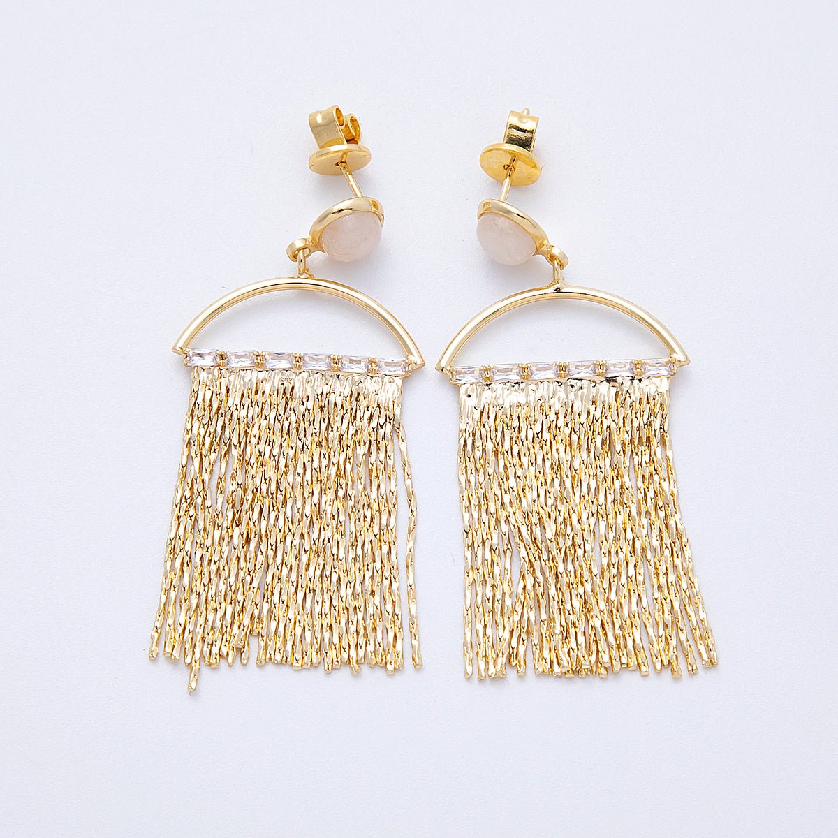 18K Gold Filled Rose Quartz Baguette Semi - Circle Fringe Drop Stud Earrings | Earrings - 00295 - DLUXCA