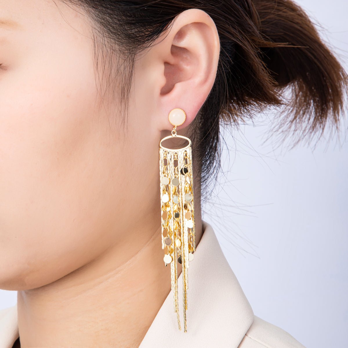 18K Gold Filled Rose Quartz Natural Gemstone Oval Fringe Statement Stud Earrings | Earrings - 00294 - DLUXCA