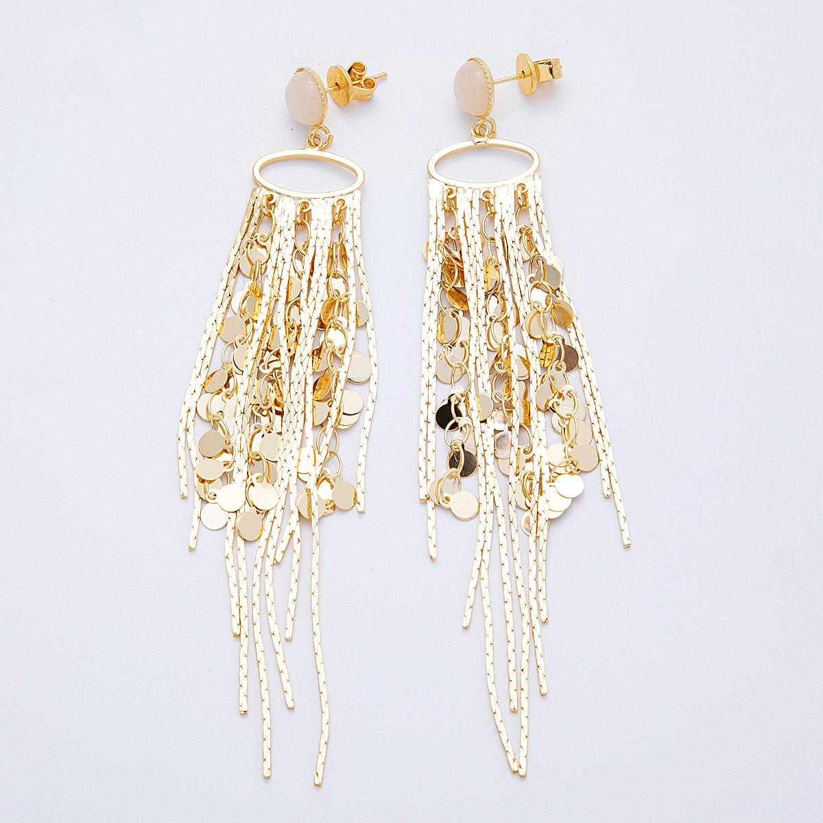 18K Gold Filled Rose Quartz Natural Gemstone Oval Fringe Statement Stud Earrings | Earrings - 00294 - DLUXCA