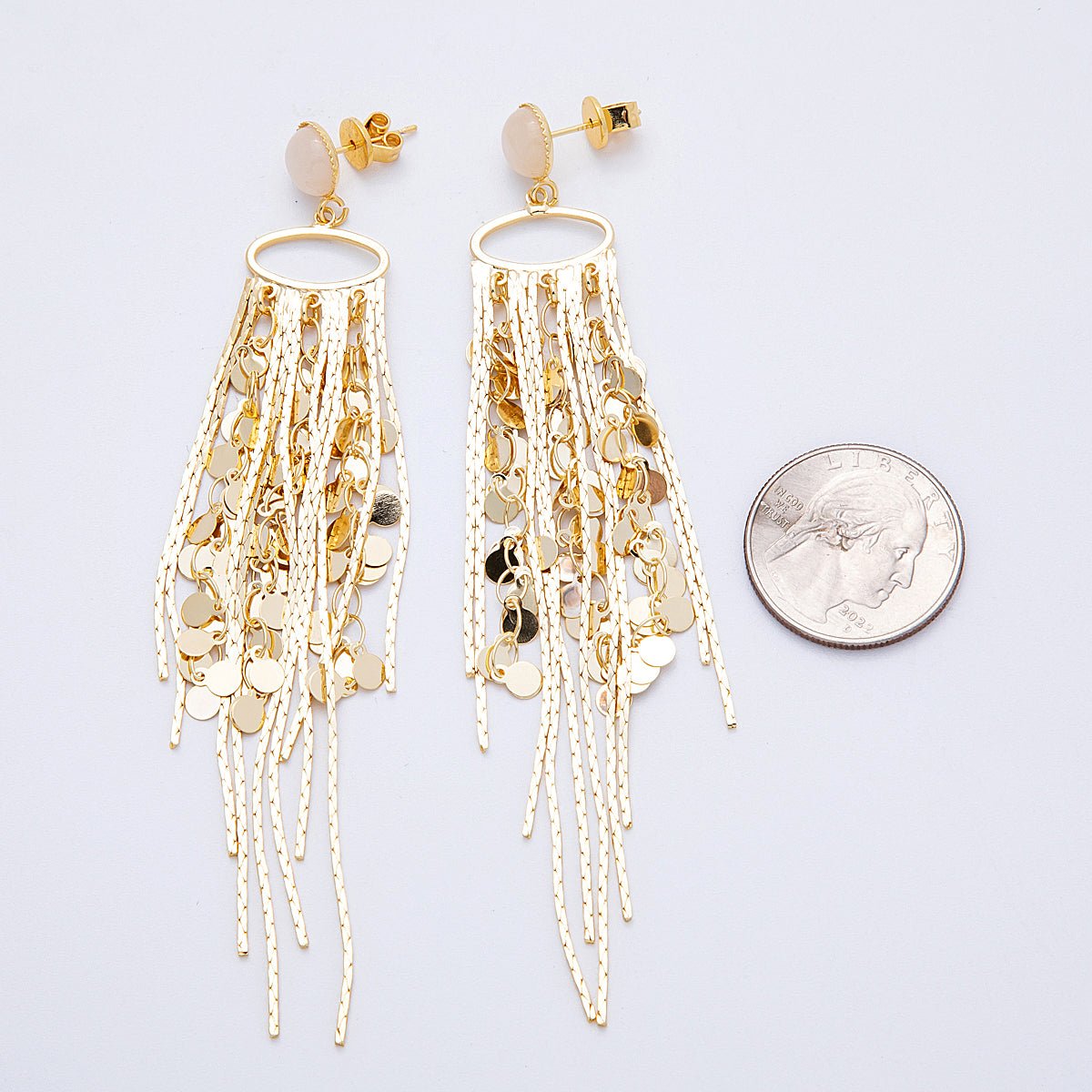 18K Gold Filled Rose Quartz Natural Gemstone Oval Fringe Statement Stud Earrings | Earrings - 00294 - DLUXCA