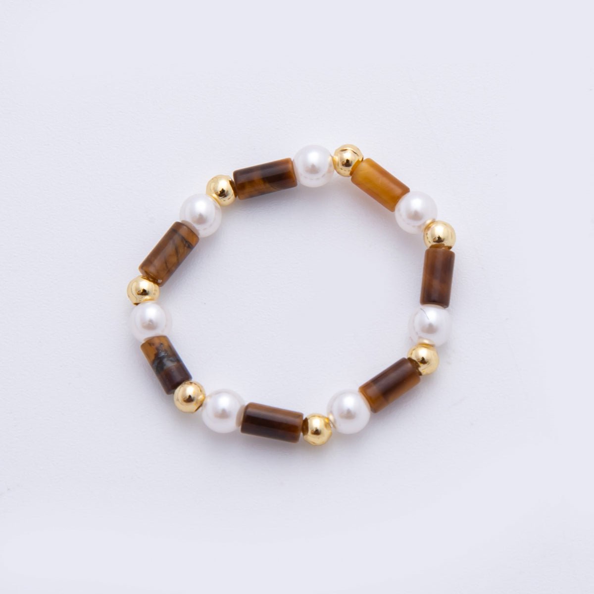 18K Gold Filled Round Bead Shell Pearl Tiger Eye Cylinder Stretch Ring | O051 - DLUXCA