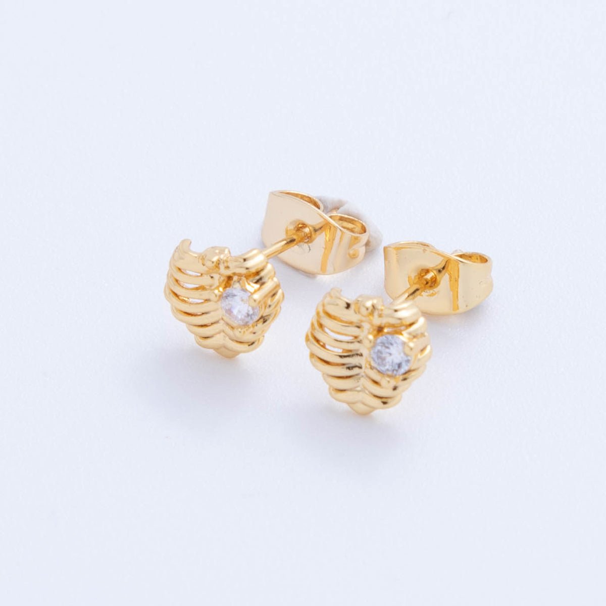 18K Gold Filled Round Clear CZ Rib Cage Leaf Stud Earrings | AI392 - DLUXCA
