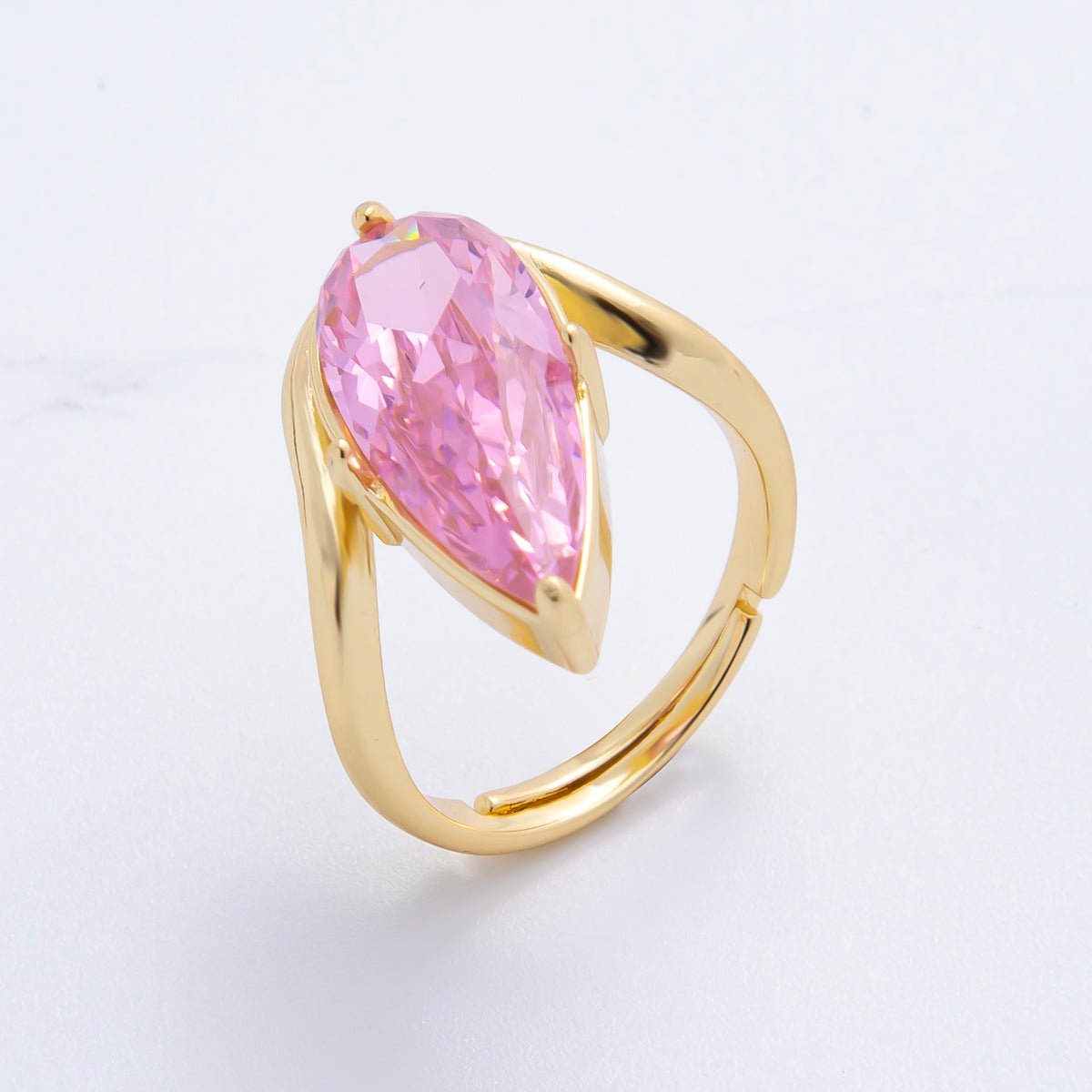 18K Gold Filled Sharp Teardrop CZ Round Adjustable Ring in Pink & Clear | O - A2208 - DLUXCA