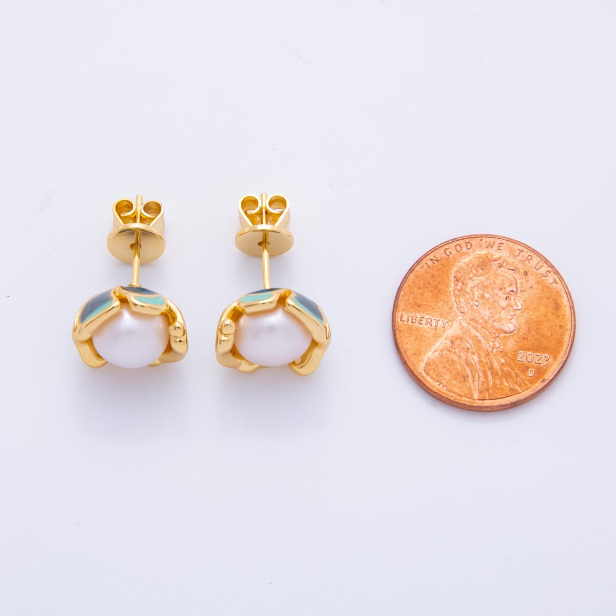 18K Gold Filled Shell Pearl Blue Flower Petal Mini Stud Earrings | AJ193 - DLUXCA