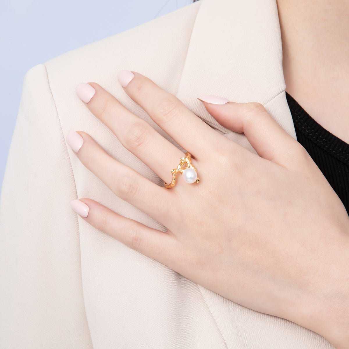 18K Gold Filled Shell Pearl Hammered Statement Branch Ring | O789 - DLUXCA