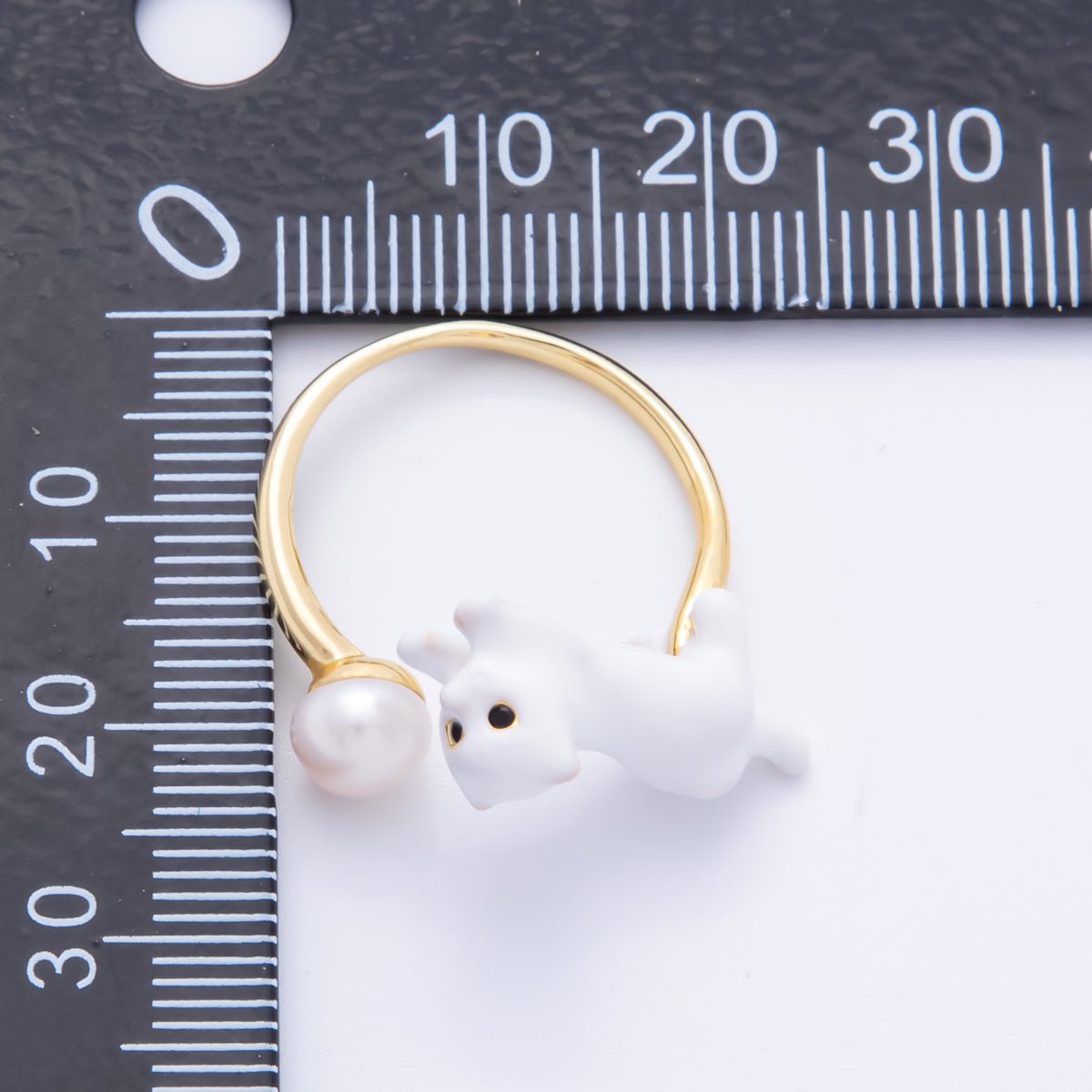 18K Gold Filled Shell Pearl & Kitty Cat Animal Adjustable Ring | O - 039 - DLUXCA