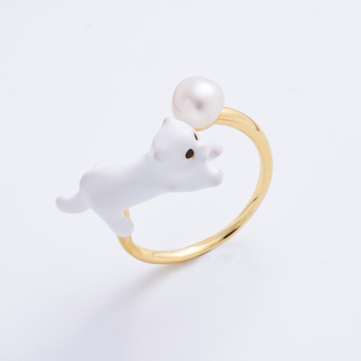 18K Gold Filled Shell Pearl & Kitty Cat Animal Adjustable Ring | O - 039 - DLUXCA