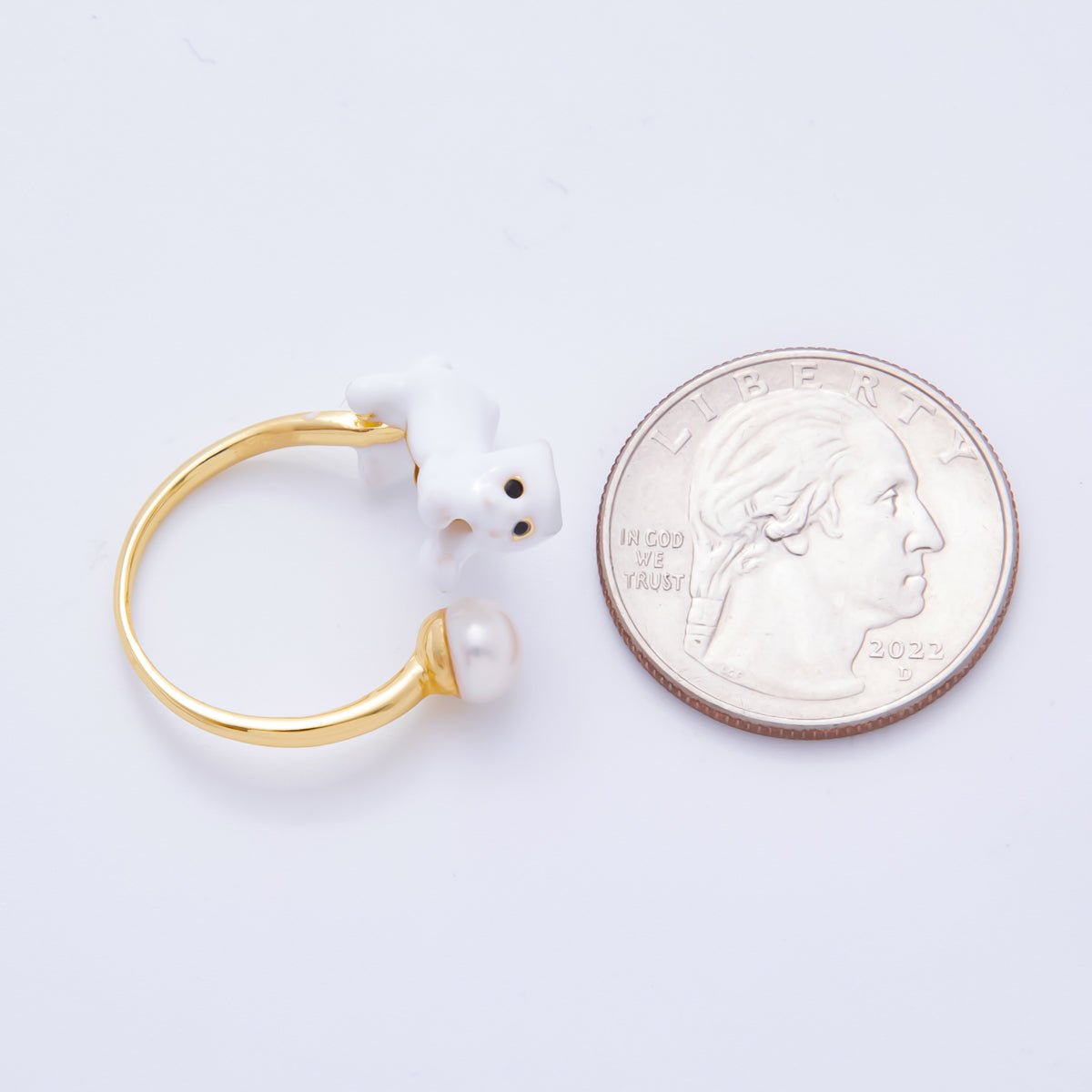 18K Gold Filled Shell Pearl & Kitty Cat Animal Adjustable Ring | O - 039 - DLUXCA