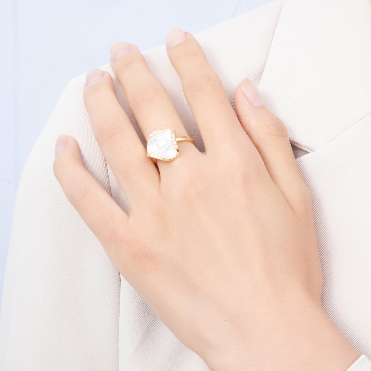 18K Gold Filled Shell Pearl Micro Paved CZ Enamel Scallop Sea Ring | Rings-00287 - DLUXCA