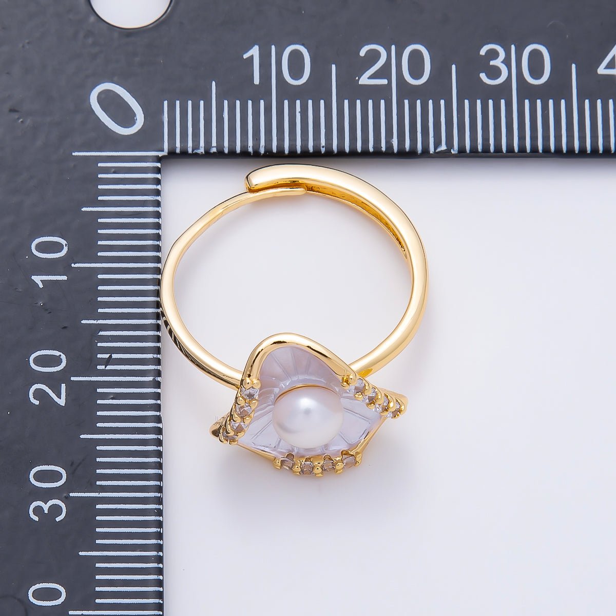 18K Gold Filled Shell Pearl Micro Paved CZ Enamel Scallop Sea Ring | Rings-00287 - DLUXCA