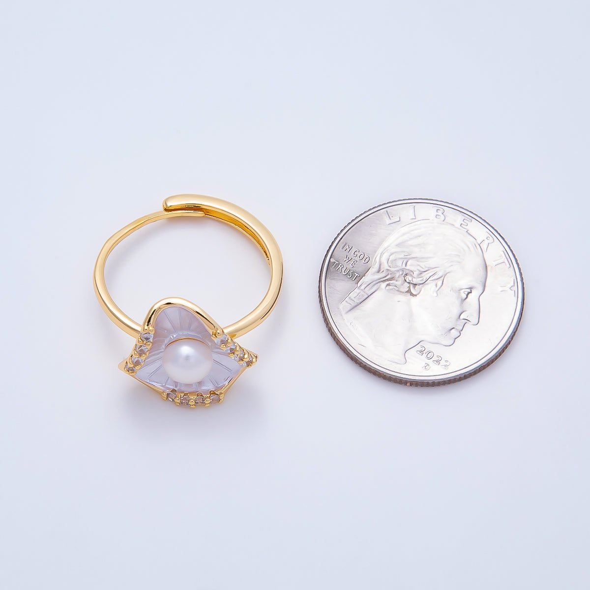 18K Gold Filled Shell Pearl Micro Paved CZ Enamel Scallop Sea Ring | Rings-00287 - DLUXCA