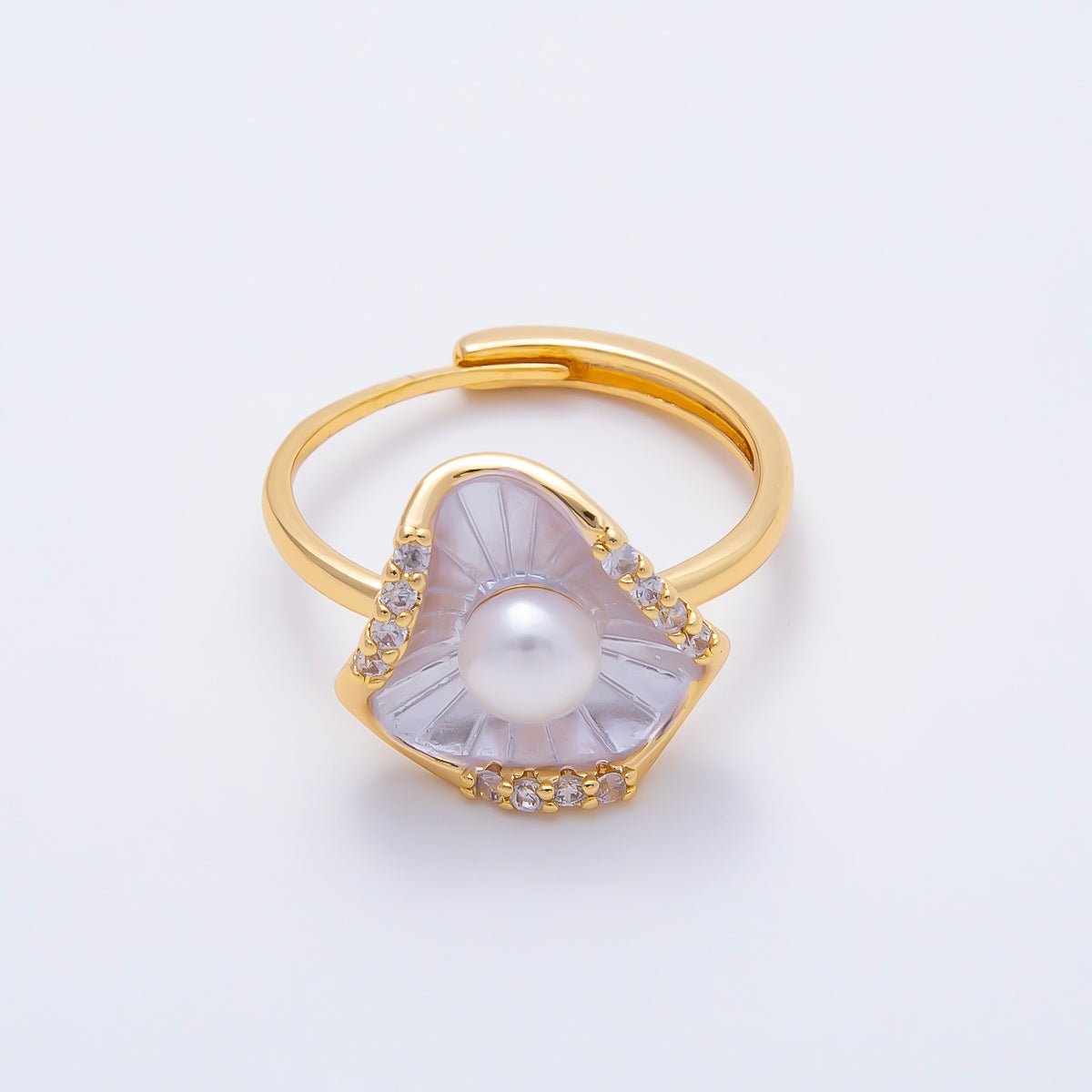 18K Gold Filled Shell Pearl Micro Paved CZ Enamel Scallop Sea Ring | Rings-00287 - DLUXCA