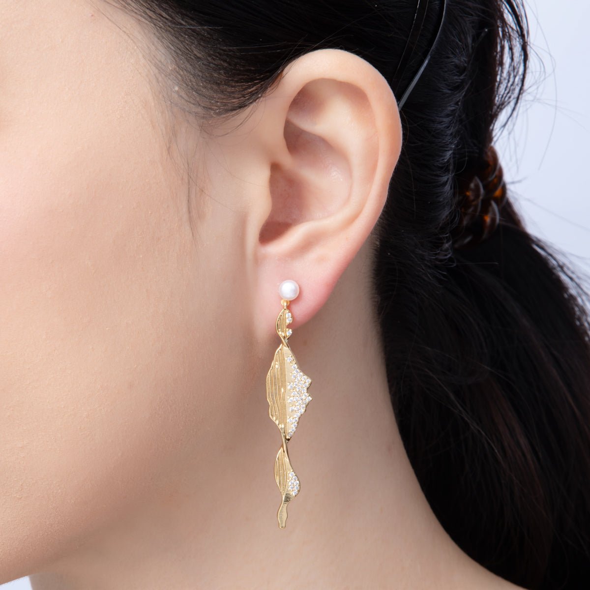 18K Gold Filled Shell Pearl Micro Paved CZ Lined Geometric Drop Stud Earrings in Gold & Silver | AD1680 AD1681 - DLUXCA