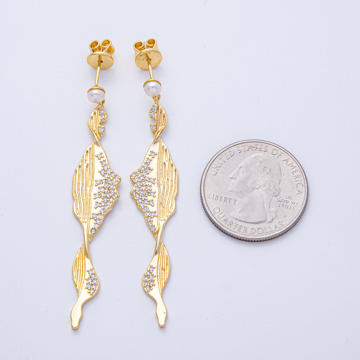 18K Gold Filled Shell Pearl Micro Paved CZ Lined Geometric Drop Stud Earrings in Gold & Silver | AD1680 AD1681 - DLUXCA