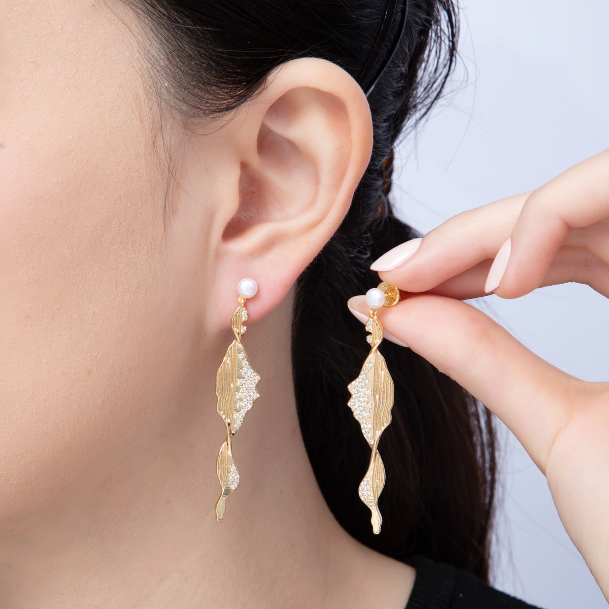 18K Gold Filled Shell Pearl Micro Paved CZ Lined Geometric Drop Stud Earrings in Gold & Silver | AD1680 AD1681 - DLUXCA