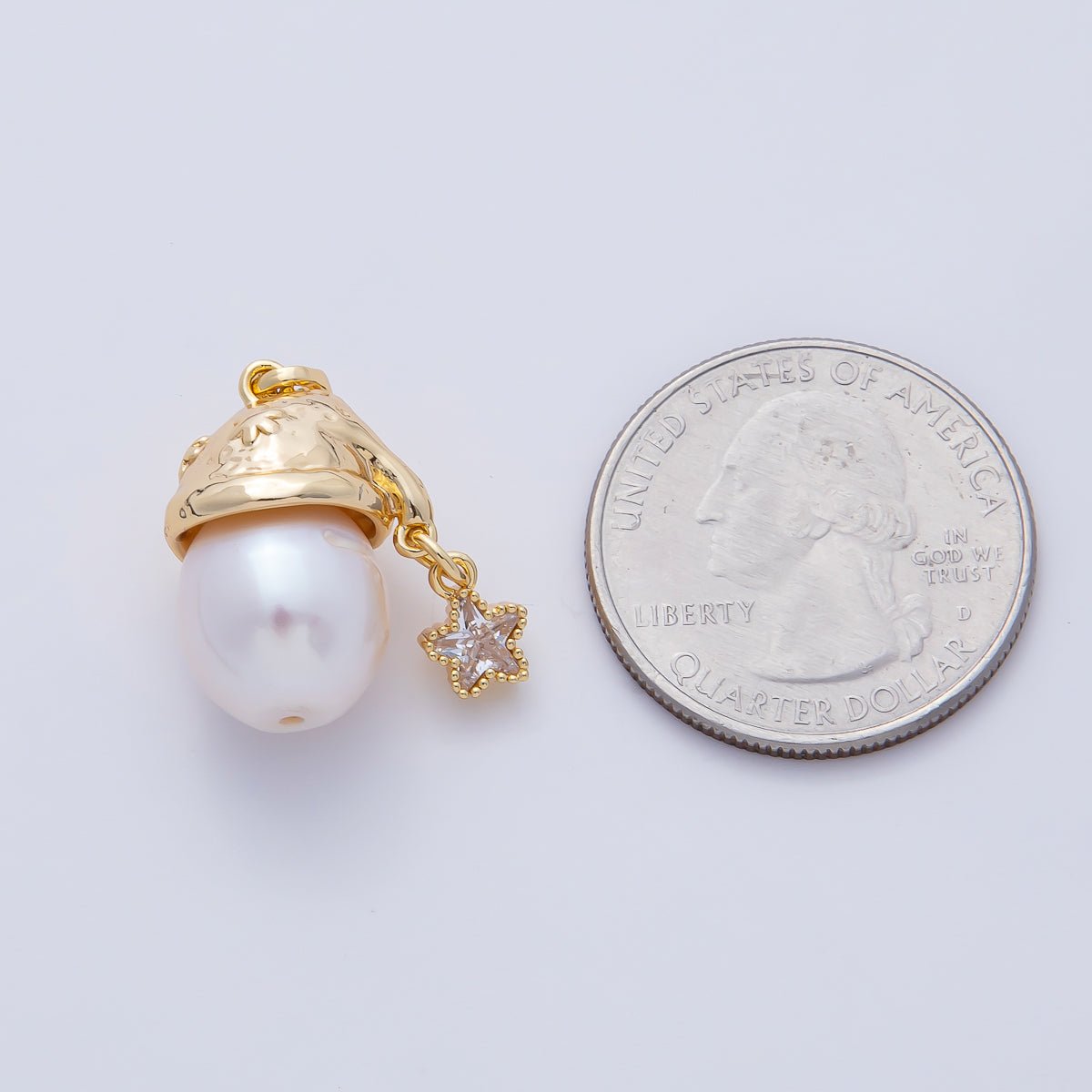 18K Gold Filled Shell Pearl Molten Cap Star CZ Drop Charm | AF638 - DLUXCA