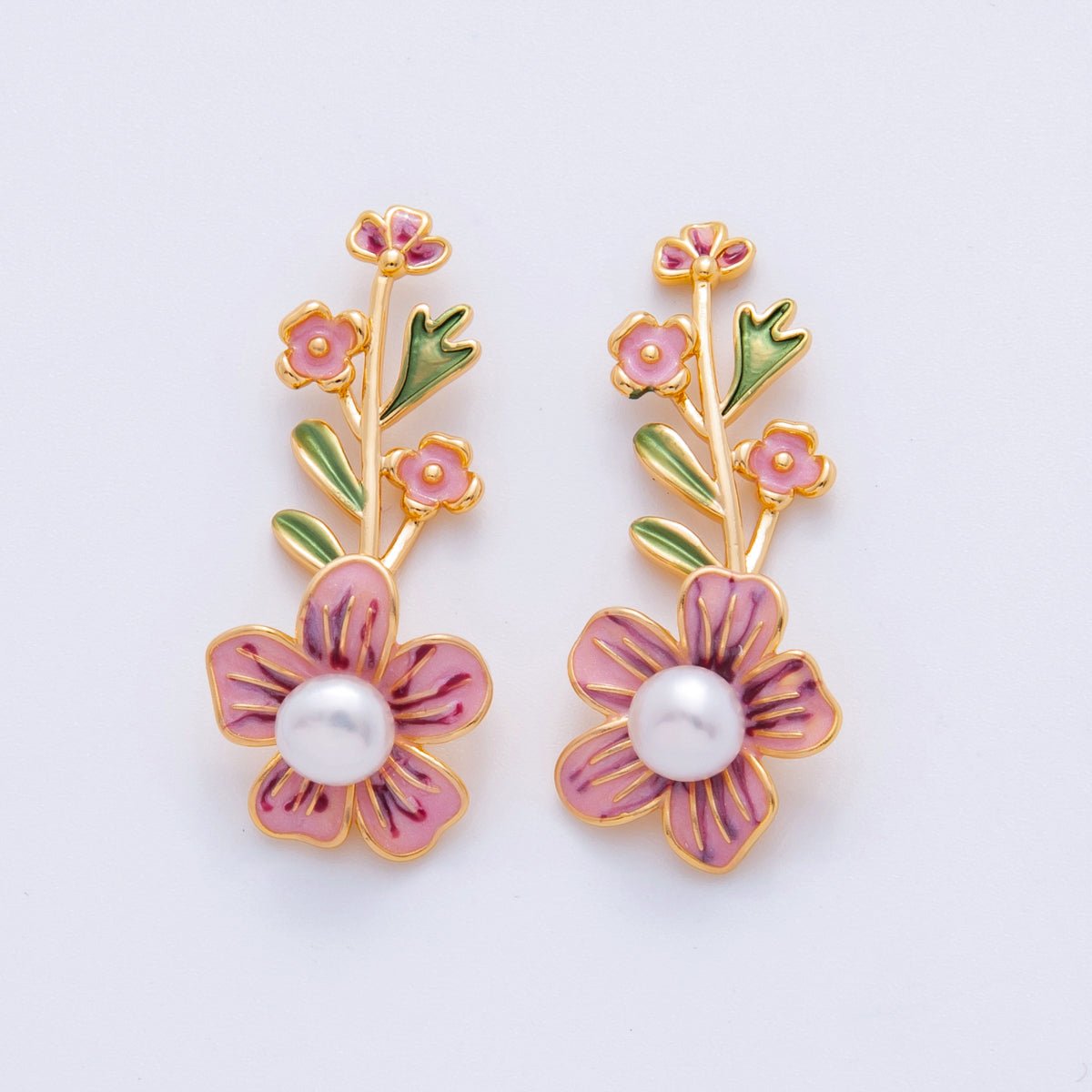 18K Gold Filled Shell Pearl Pink Flower Plant Enamel Pendant | AH713 - DLUXCA