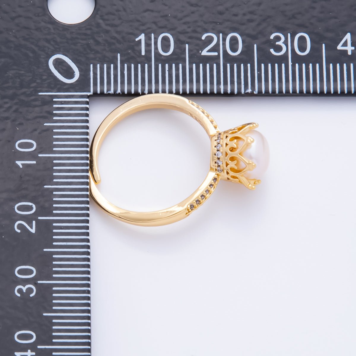 18K Gold Filled Shell Pearl Solitaire Micro Paved CZ Adjustable Ring | O - 041 - DLUXCA