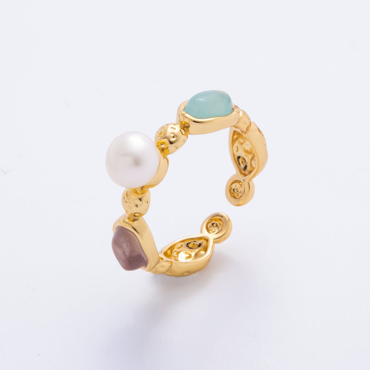 18K Gold Filled Shell Pearl Statement with Pastel Gemstones Adjustable Ring | O - 037 - DLUXCA