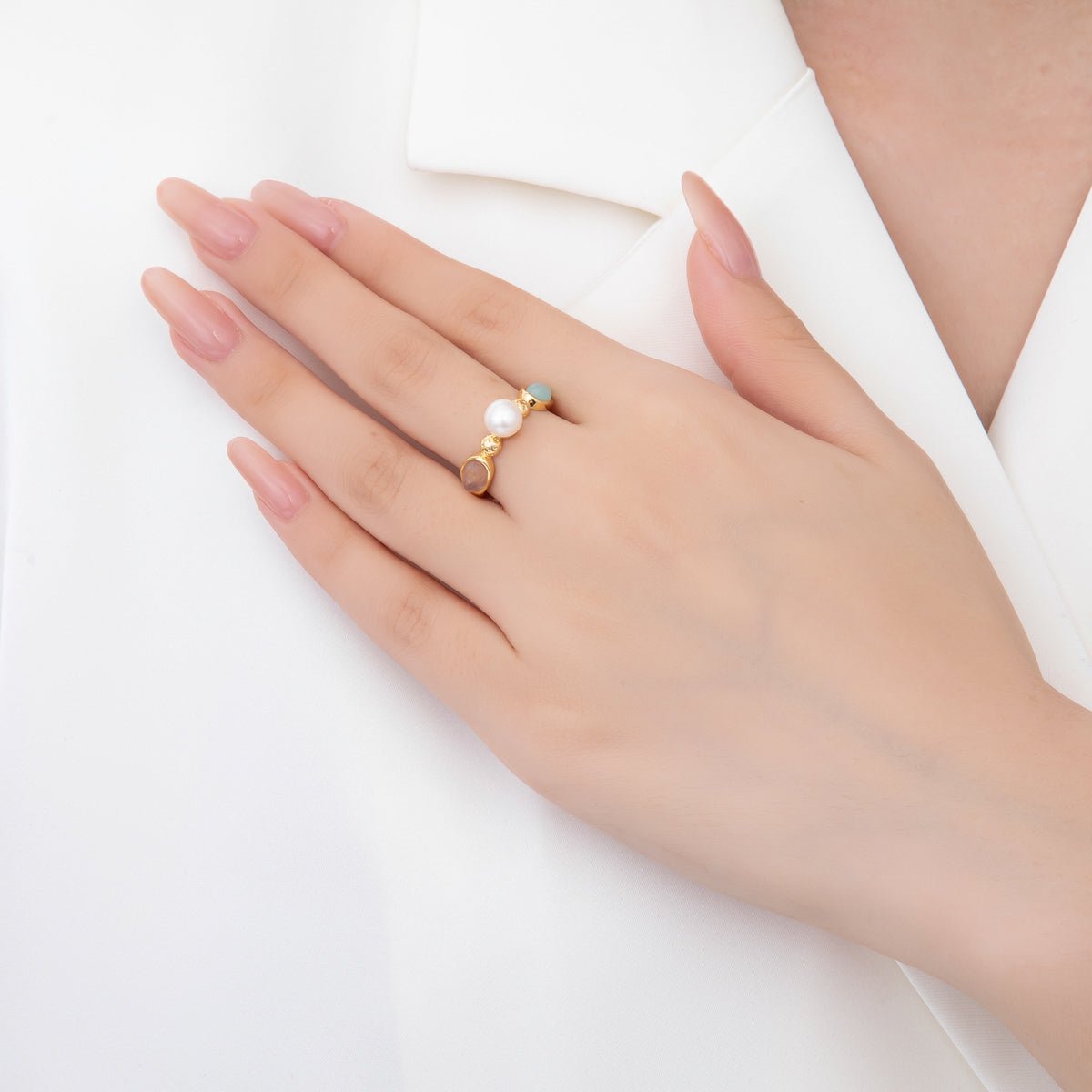 18K Gold Filled Shell Pearl Statement with Pastel Gemstones Adjustable Ring | O - 037 - DLUXCA