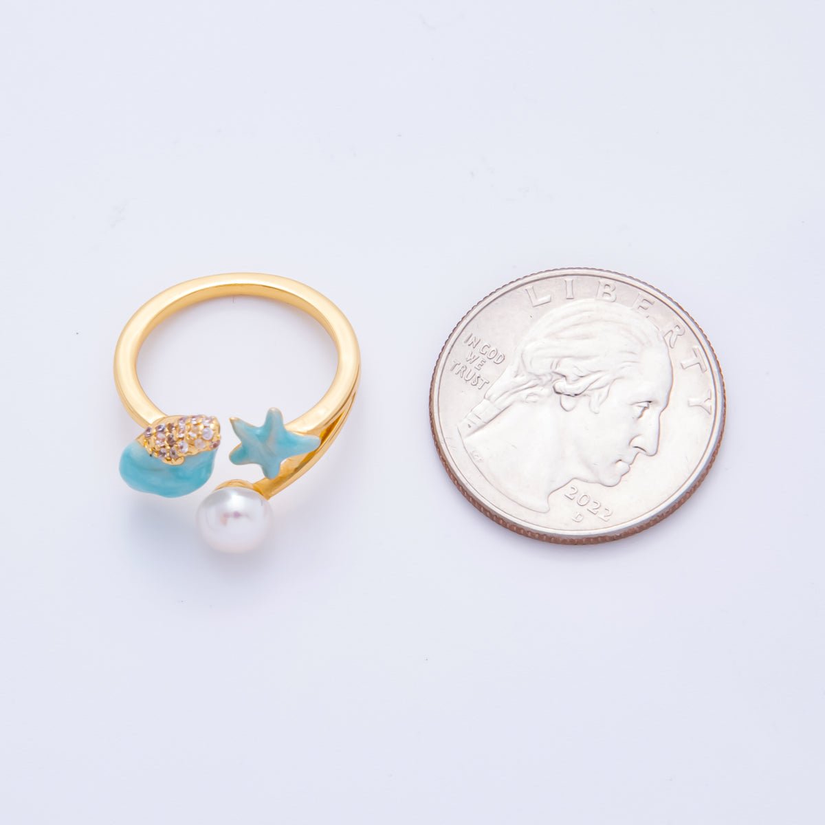 18K Gold Filled Sky Blue Enamel Nautical Theme with Starfish, Clam Shell, & Shell Pearl Adjustable Ring | O - 035 - DLUXCA