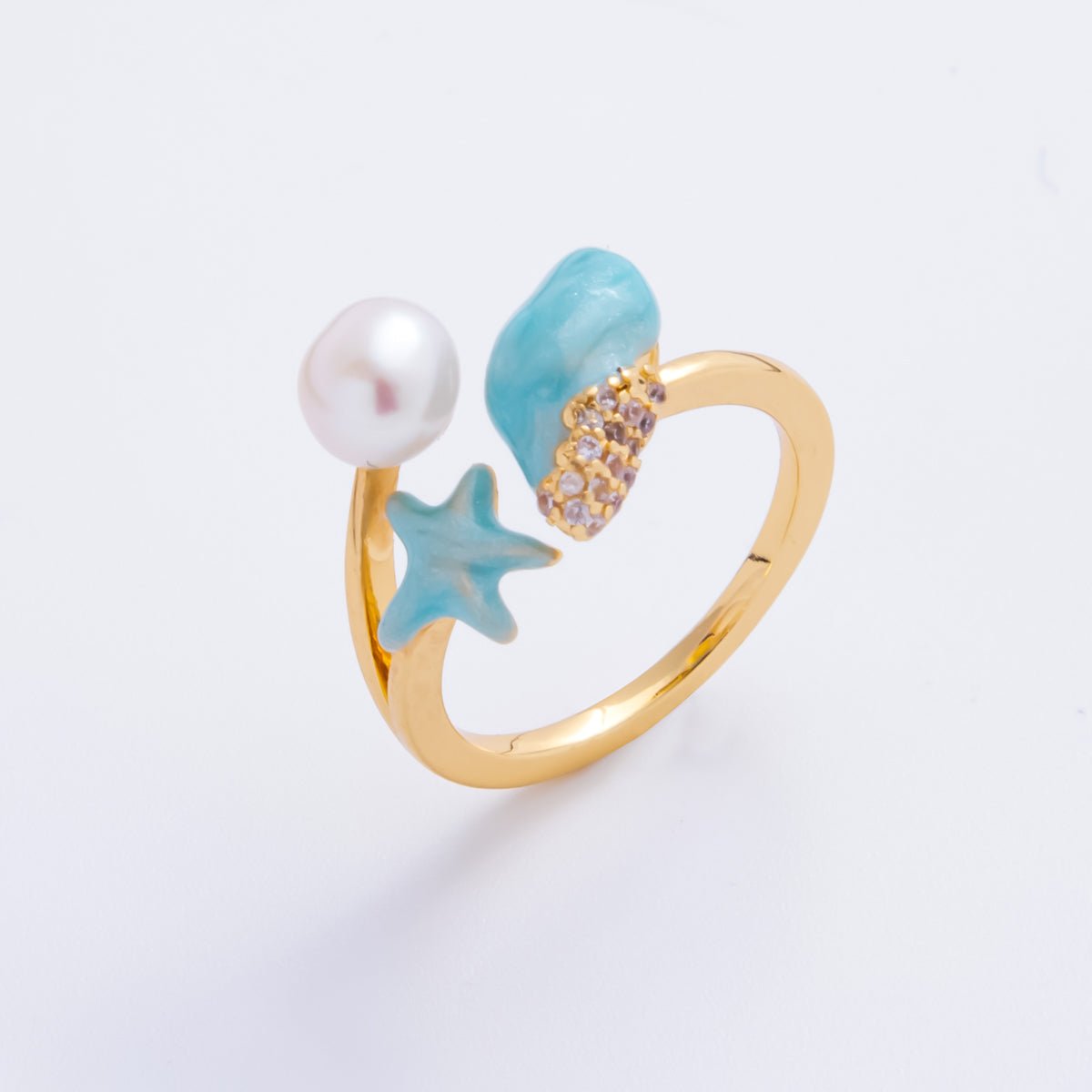 18K Gold Filled Sky Blue Enamel Nautical Theme with Starfish, Clam Shell, & Shell Pearl Adjustable Ring | O - 035 - DLUXCA