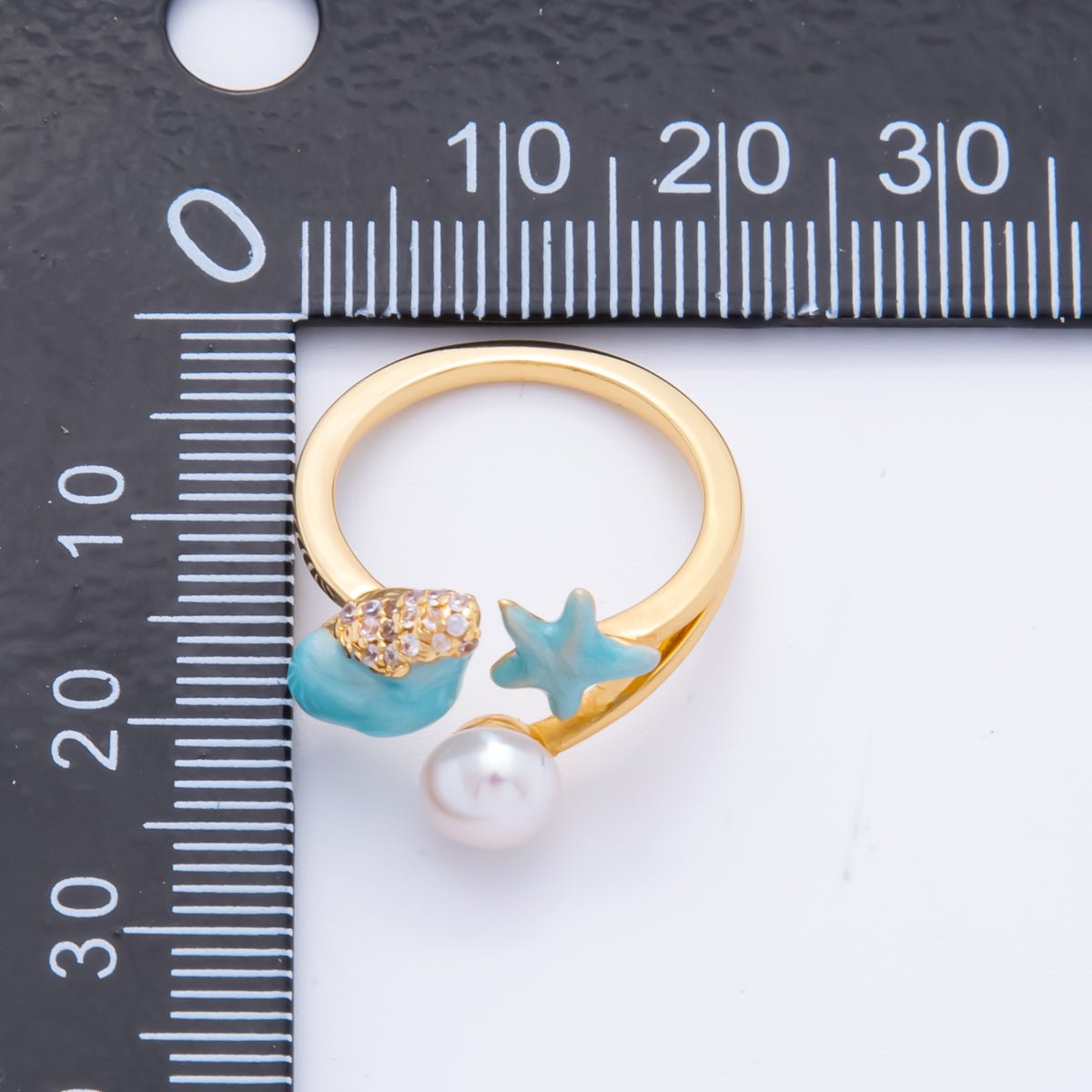 18K Gold Filled Sky Blue Enamel Nautical Theme with Starfish, Clam Shell, & Shell Pearl Adjustable Ring | O - 035 - DLUXCA