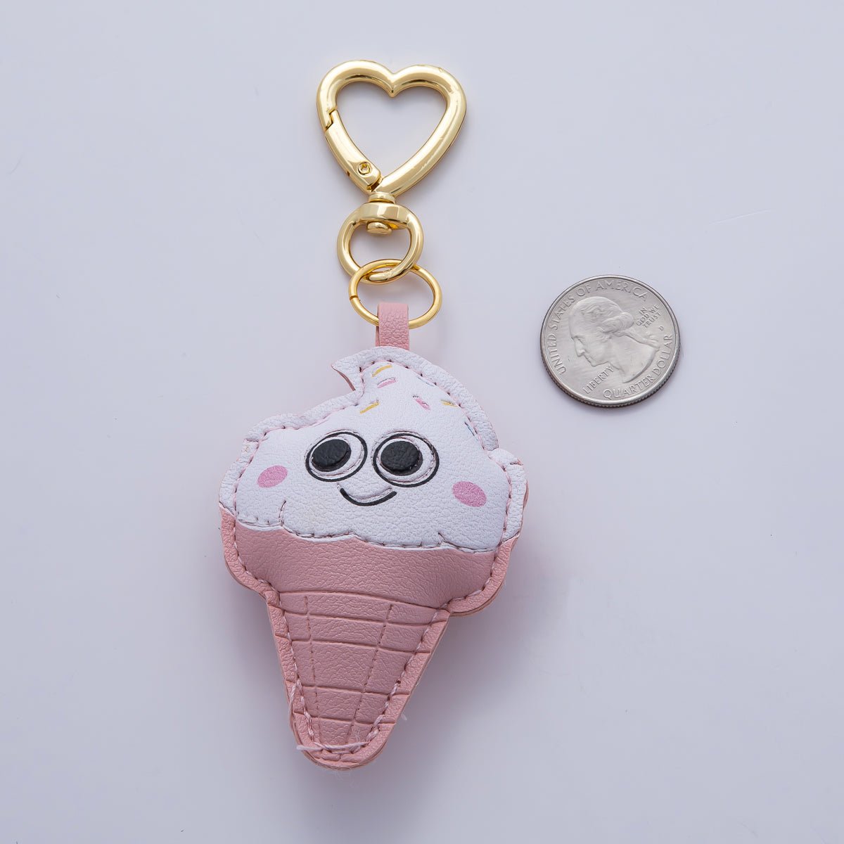 18K Gold Filled Sweet Confetti Pink Ice Cream Dessert Leather Bag Charm Keychain Heart Key Ring Accessories | WB - 00230 - DLUXCA